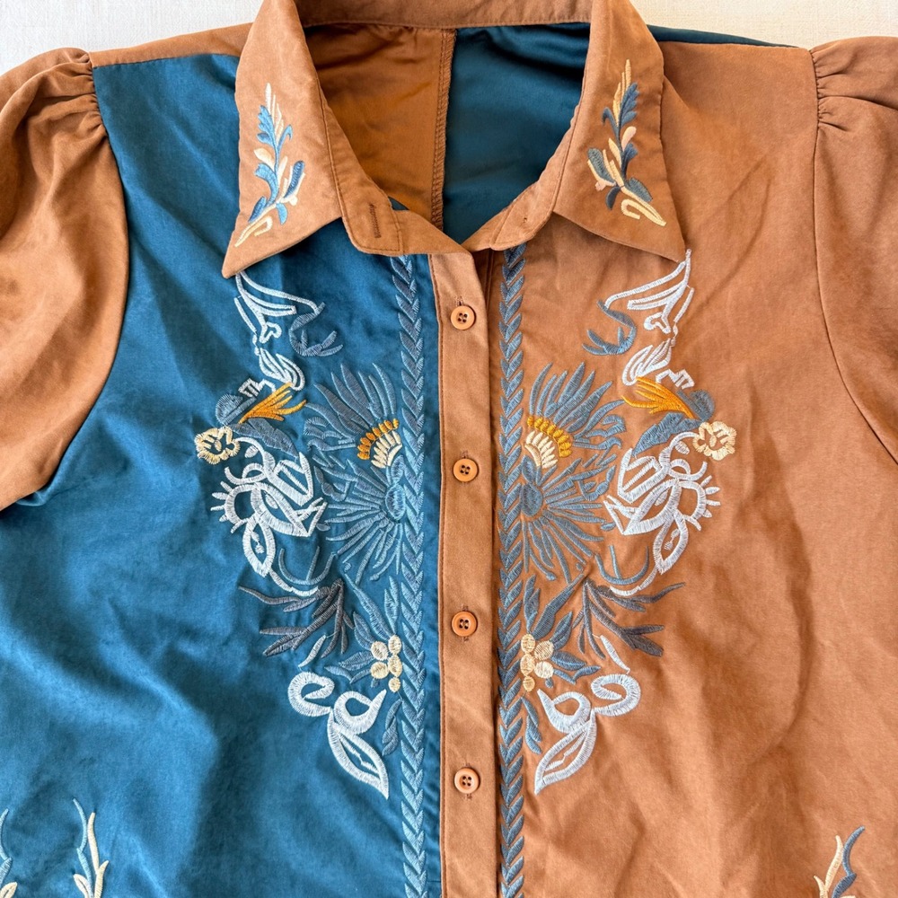 Embroidered Western Blouse Small Brown Teal Puff Sleeve Boho Cowgirl Shirt - Picture 4 of 13